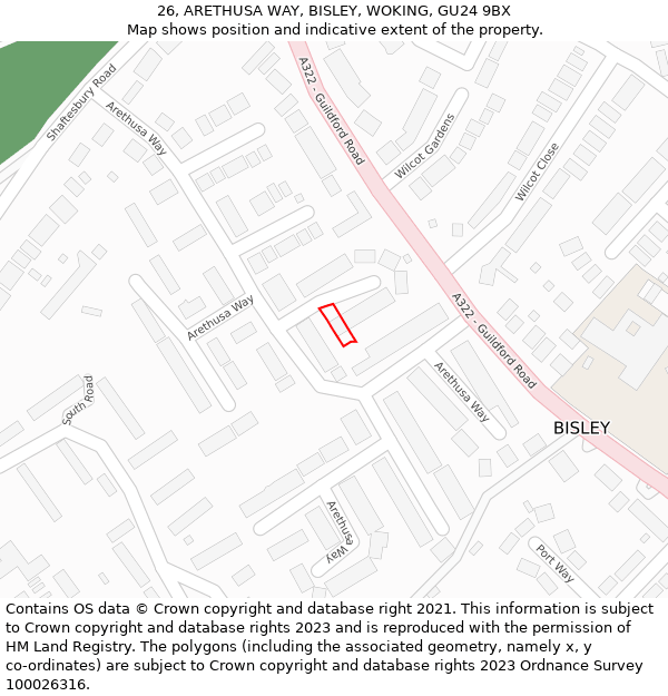 26, ARETHUSA WAY, BISLEY, WOKING, GU24 9BX: Location map and indicative extent of plot