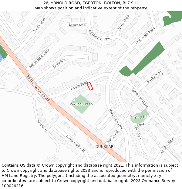 26, ARNOLD ROAD, EGERTON, BOLTON, BL7 9HL: Location map and indicative extent of plot