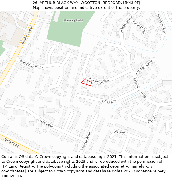 26, ARTHUR BLACK WAY, WOOTTON, BEDFORD, MK43 9FJ: Location map and indicative extent of plot