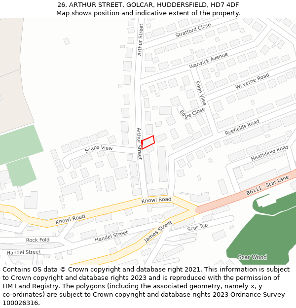 26, ARTHUR STREET, GOLCAR, HUDDERSFIELD, HD7 4DF: Location map and indicative extent of plot