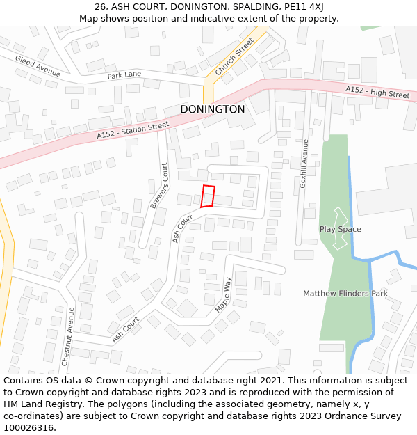 26, ASH COURT, DONINGTON, SPALDING, PE11 4XJ: Location map and indicative extent of plot