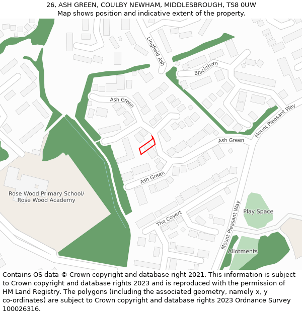 26, ASH GREEN, COULBY NEWHAM, MIDDLESBROUGH, TS8 0UW: Location map and indicative extent of plot