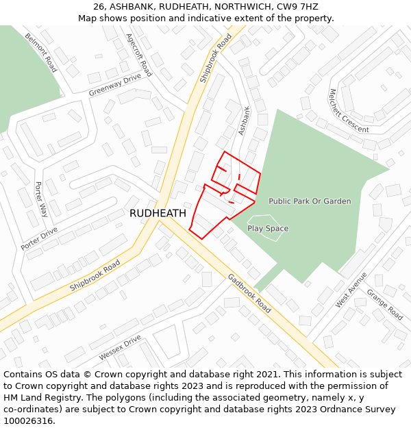 26, ASHBANK, RUDHEATH, NORTHWICH, CW9 7HZ: Location map and indicative extent of plot