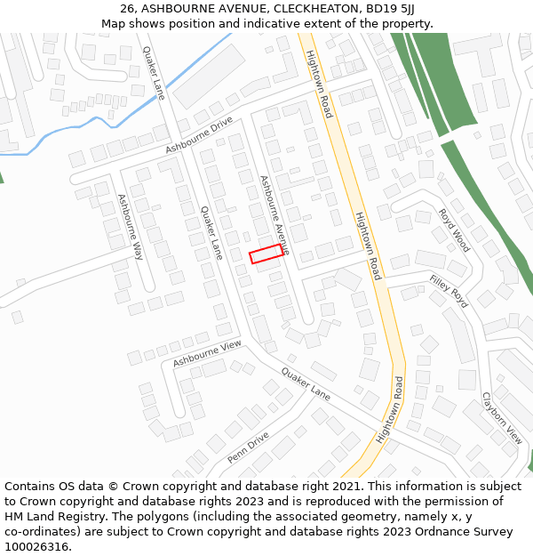 26, ASHBOURNE AVENUE, CLECKHEATON, BD19 5JJ: Location map and indicative extent of plot