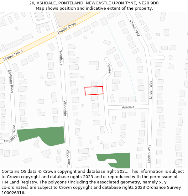 26, ASHDALE, PONTELAND, NEWCASTLE UPON TYNE, NE20 9DR: Location map and indicative extent of plot