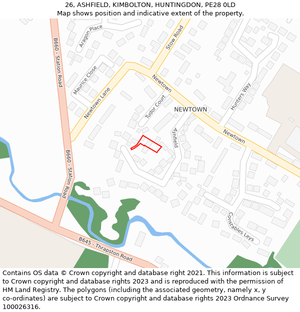 26, ASHFIELD, KIMBOLTON, HUNTINGDON, PE28 0LD: Location map and indicative extent of plot