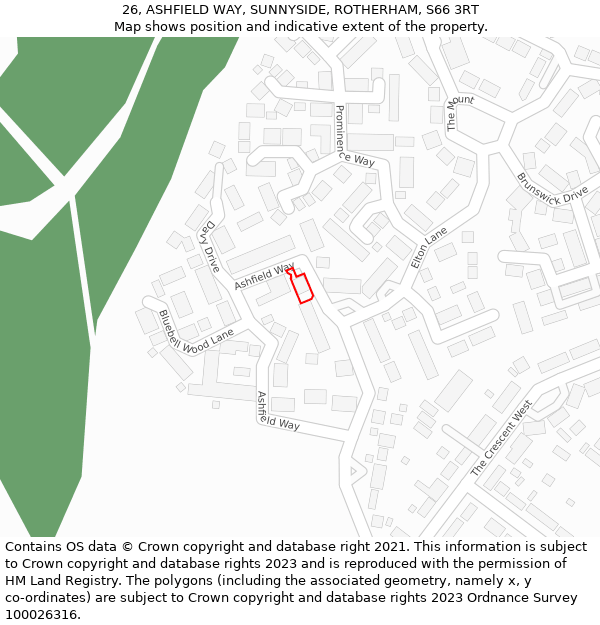 26, ASHFIELD WAY, SUNNYSIDE, ROTHERHAM, S66 3RT: Location map and indicative extent of plot