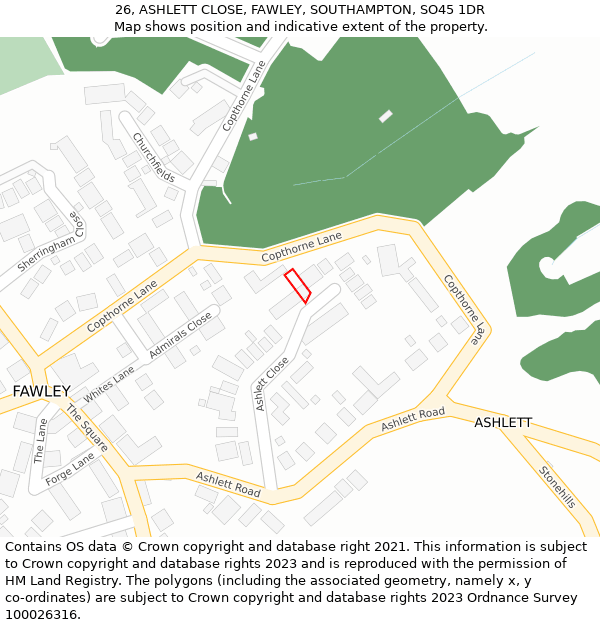 26, ASHLETT CLOSE, FAWLEY, SOUTHAMPTON, SO45 1DR: Location map and indicative extent of plot