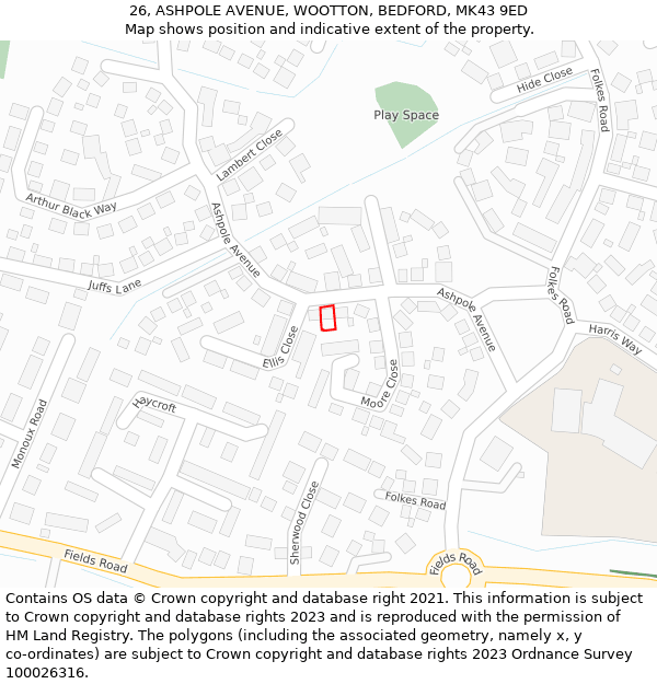 26, ASHPOLE AVENUE, WOOTTON, BEDFORD, MK43 9ED: Location map and indicative extent of plot