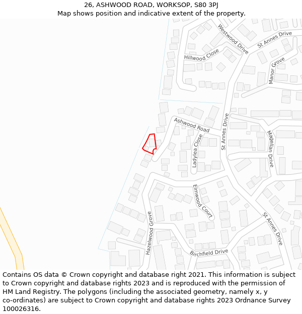 26, ASHWOOD ROAD, WORKSOP, S80 3PJ: Location map and indicative extent of plot