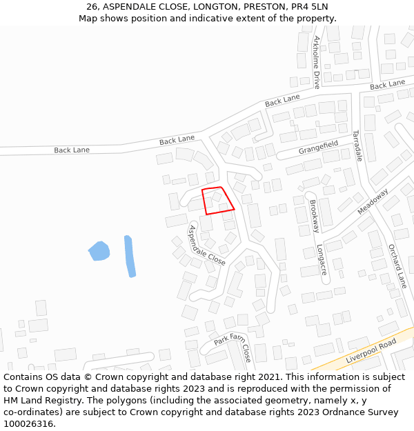 26, ASPENDALE CLOSE, LONGTON, PRESTON, PR4 5LN: Location map and indicative extent of plot