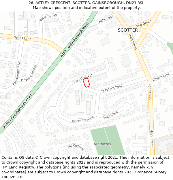 26, ASTLEY CRESCENT, SCOTTER, GAINSBOROUGH, DN21 3SL: Location map and indicative extent of plot