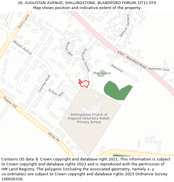 26, AUGUSTAN AVENUE, SHILLINGSTONE, BLANDFORD FORUM, DT11 0TX: Location map and indicative extent of plot