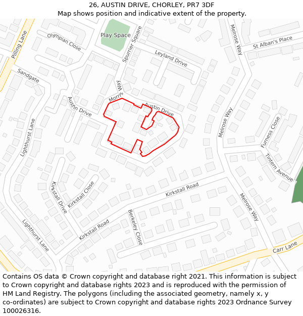 26, AUSTIN DRIVE, CHORLEY, PR7 3DF: Location map and indicative extent of plot