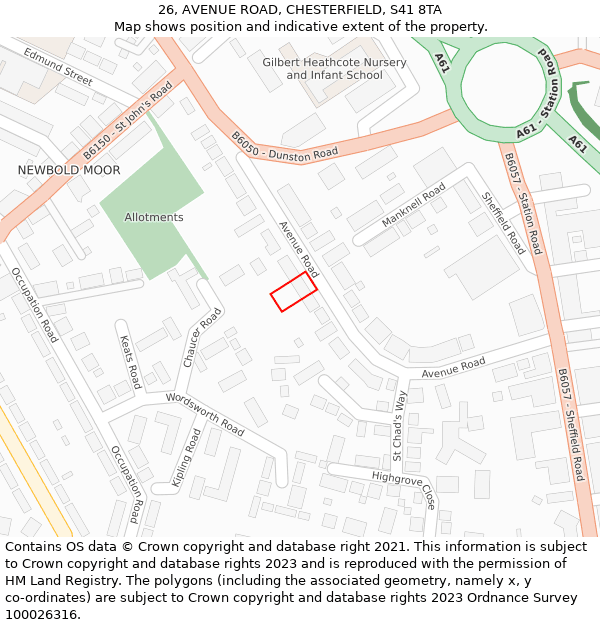 26, AVENUE ROAD, CHESTERFIELD, S41 8TA: Location map and indicative extent of plot