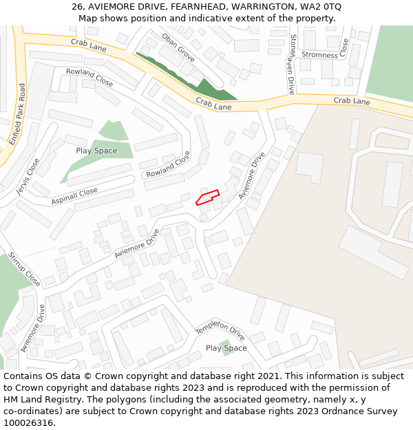 26, AVIEMORE DRIVE, FEARNHEAD, WARRINGTON, WA2 0TQ: Location map and indicative extent of plot