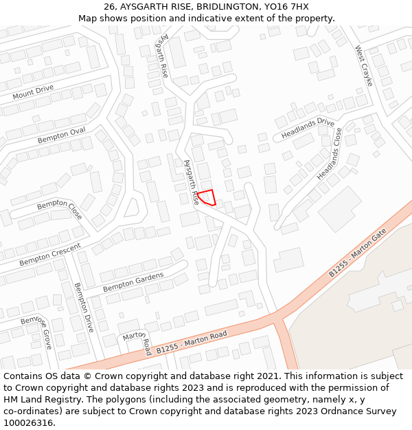 26, AYSGARTH RISE, BRIDLINGTON, YO16 7HX: Location map and indicative extent of plot