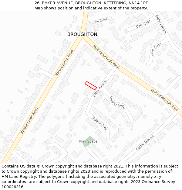 26, BAKER AVENUE, BROUGHTON, KETTERING, NN14 1PF: Location map and indicative extent of plot