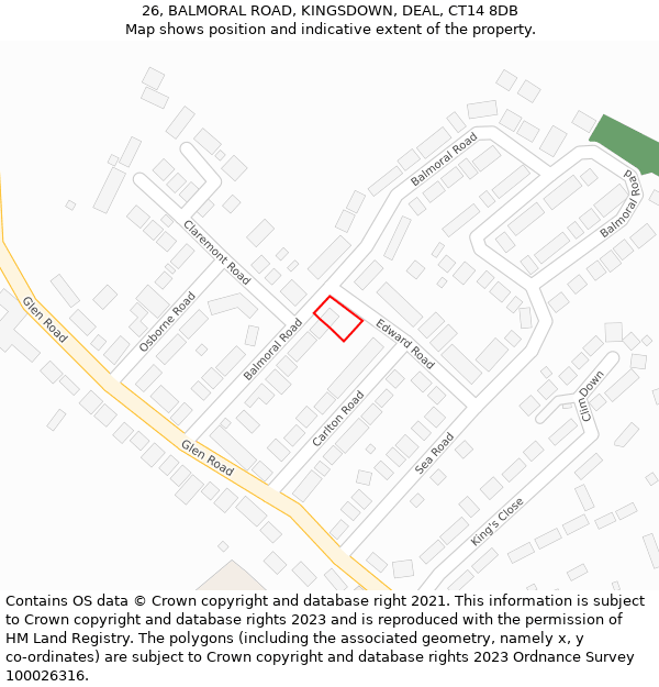 26, BALMORAL ROAD, KINGSDOWN, DEAL, CT14 8DB: Location map and indicative extent of plot