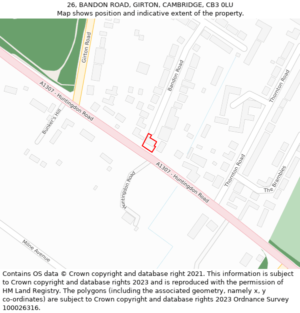 26, BANDON ROAD, GIRTON, CAMBRIDGE, CB3 0LU: Location map and indicative extent of plot