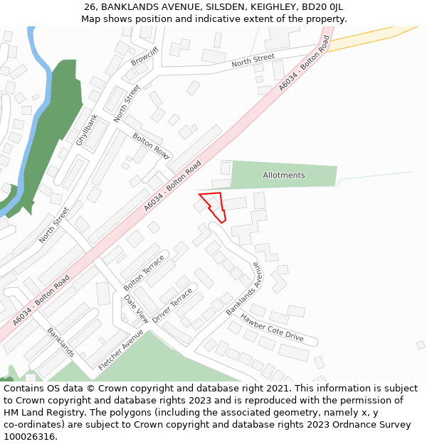 26, BANKLANDS AVENUE, SILSDEN, KEIGHLEY, BD20 0JL: Location map and indicative extent of plot