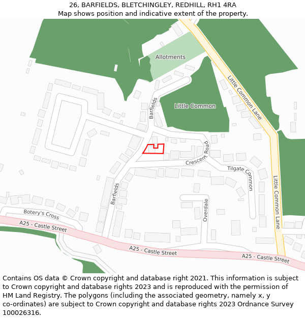 26, BARFIELDS, BLETCHINGLEY, REDHILL, RH1 4RA: Location map and indicative extent of plot