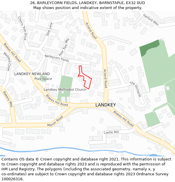 26, BARLEYCORN FIELDS, LANDKEY, BARNSTAPLE, EX32 0UD: Location map and indicative extent of plot