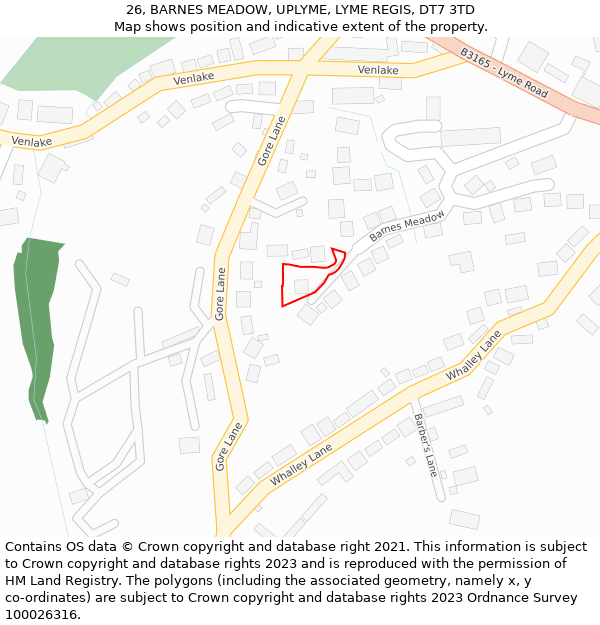 26, BARNES MEADOW, UPLYME, LYME REGIS, DT7 3TD: Location map and indicative extent of plot
