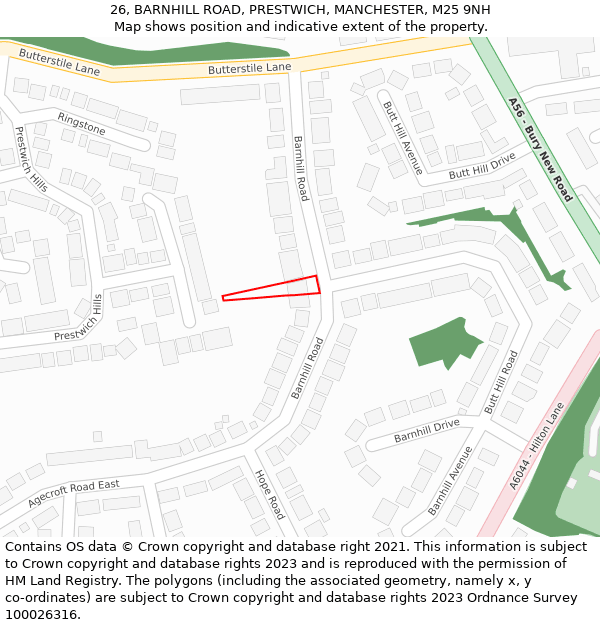 26, BARNHILL ROAD, PRESTWICH, MANCHESTER, M25 9NH: Location map and indicative extent of plot