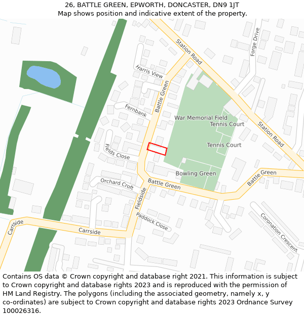 26, BATTLE GREEN, EPWORTH, DONCASTER, DN9 1JT: Location map and indicative extent of plot