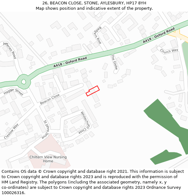 26, BEACON CLOSE, STONE, AYLESBURY, HP17 8YH: Location map and indicative extent of plot