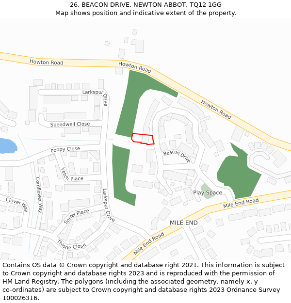 26, BEACON DRIVE, NEWTON ABBOT, TQ12 1GG: Location map and indicative extent of plot
