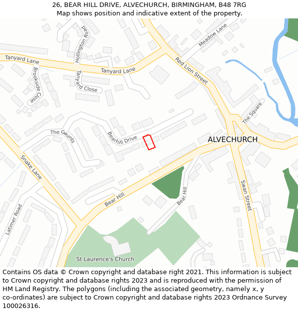 26, BEAR HILL DRIVE, ALVECHURCH, BIRMINGHAM, B48 7RG: Location map and indicative extent of plot