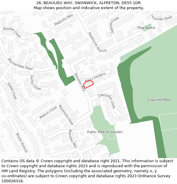 26, BEAULIEU WAY, SWANWICK, ALFRETON, DE55 1DR: Location map and indicative extent of plot