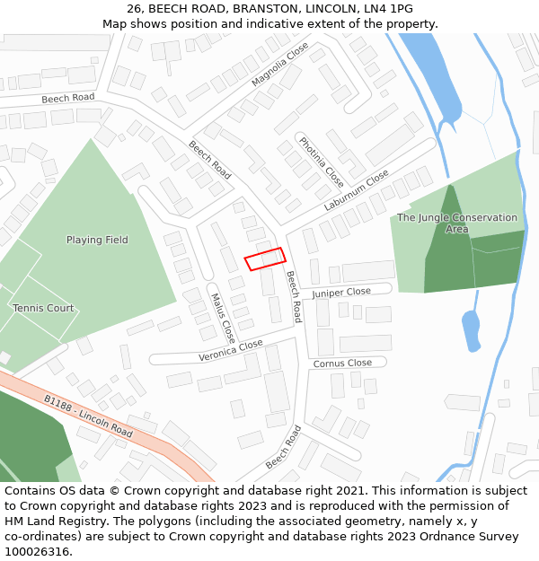 26, BEECH ROAD, BRANSTON, LINCOLN, LN4 1PG: Location map and indicative extent of plot