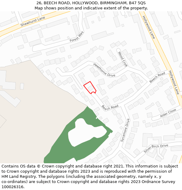 26, BEECH ROAD, HOLLYWOOD, BIRMINGHAM, B47 5QS: Location map and indicative extent of plot