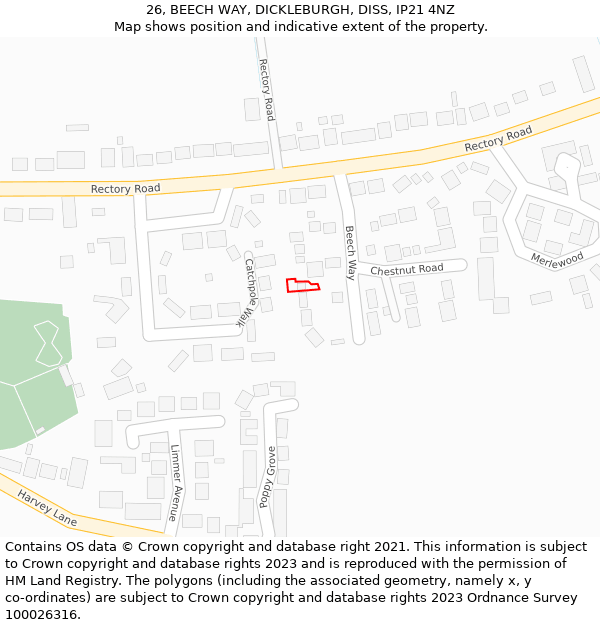 26, BEECH WAY, DICKLEBURGH, DISS, IP21 4NZ: Location map and indicative extent of plot