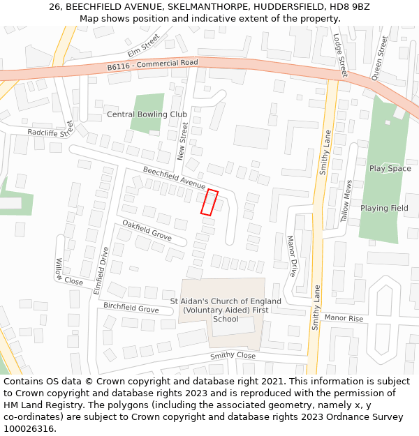 26, BEECHFIELD AVENUE, SKELMANTHORPE, HUDDERSFIELD, HD8 9BZ: Location map and indicative extent of plot