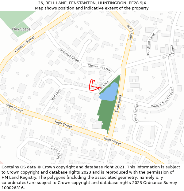 26, BELL LANE, FENSTANTON, HUNTINGDON, PE28 9JX: Location map and indicative extent of plot