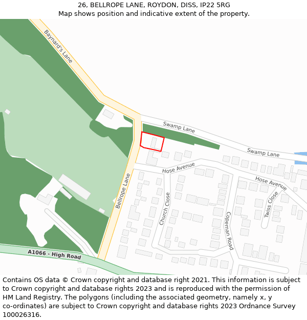 26, BELLROPE LANE, ROYDON, DISS, IP22 5RG: Location map and indicative extent of plot