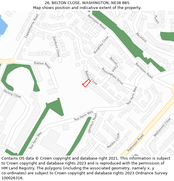 26, BELTON CLOSE, WASHINGTON, NE38 8BS: Location map and indicative extent of plot