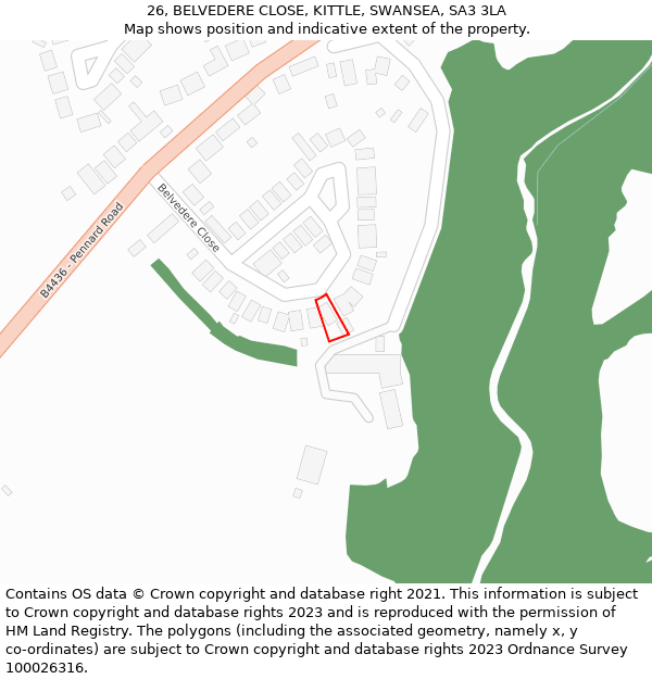 26, BELVEDERE CLOSE, KITTLE, SWANSEA, SA3 3LA: Location map and indicative extent of plot