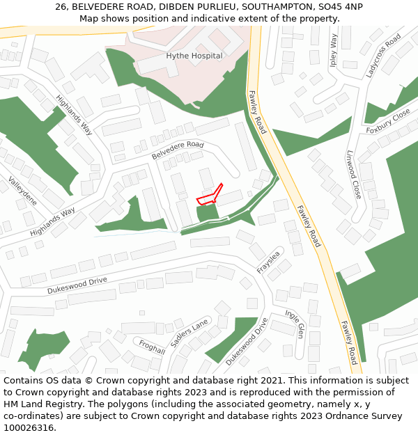 26, BELVEDERE ROAD, DIBDEN PURLIEU, SOUTHAMPTON, SO45 4NP: Location map and indicative extent of plot