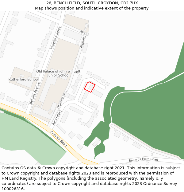 26, BENCH FIELD, SOUTH CROYDON, CR2 7HX: Location map and indicative extent of plot