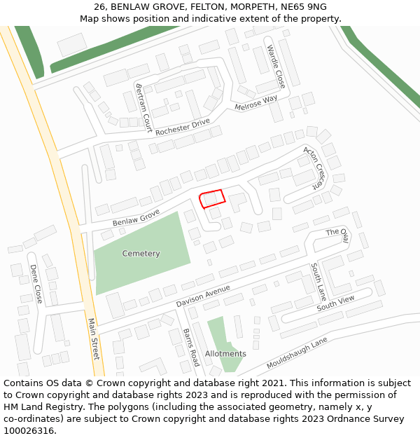 26, BENLAW GROVE, FELTON, MORPETH, NE65 9NG: Location map and indicative extent of plot