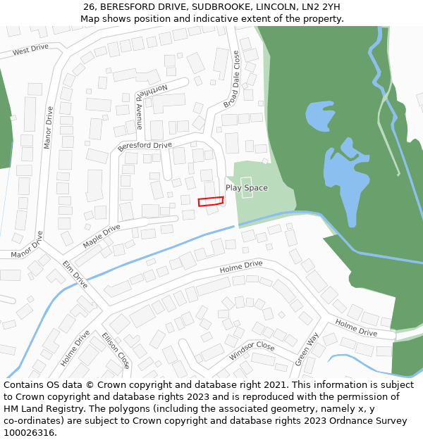 26, BERESFORD DRIVE, SUDBROOKE, LINCOLN, LN2 2YH: Location map and indicative extent of plot