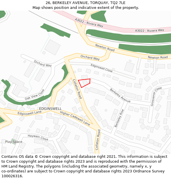 26, BERKELEY AVENUE, TORQUAY, TQ2 7LE: Location map and indicative extent of plot