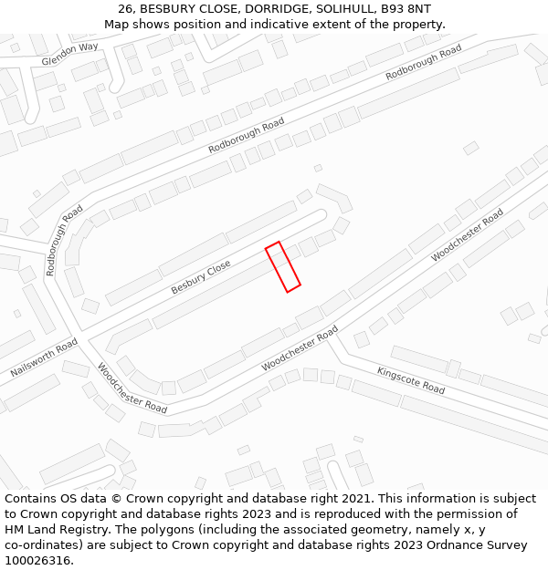 26, BESBURY CLOSE, DORRIDGE, SOLIHULL, B93 8NT: Location map and indicative extent of plot