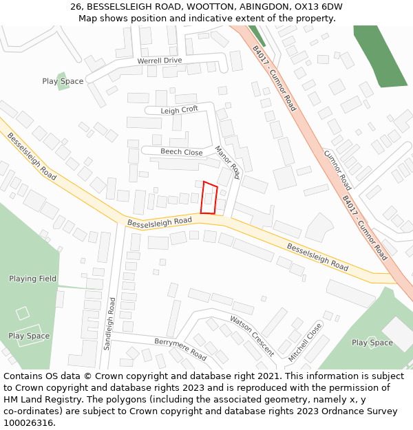 26, BESSELSLEIGH ROAD, WOOTTON, ABINGDON, OX13 6DW: Location map and indicative extent of plot