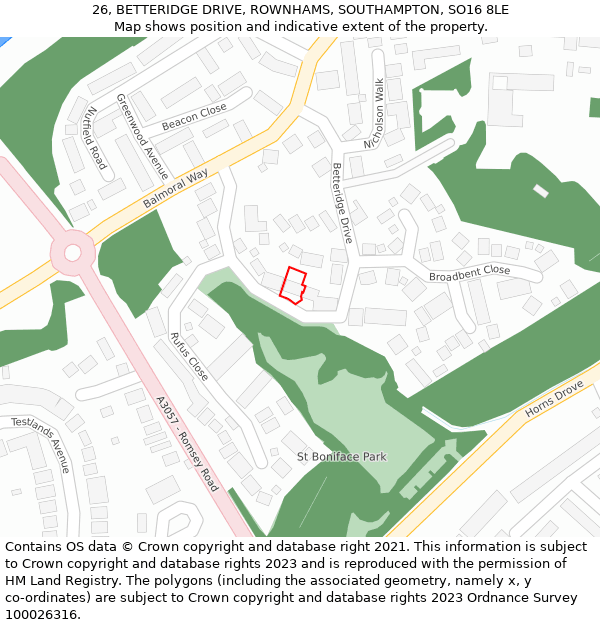 26, BETTERIDGE DRIVE, ROWNHAMS, SOUTHAMPTON, SO16 8LE: Location map and indicative extent of plot